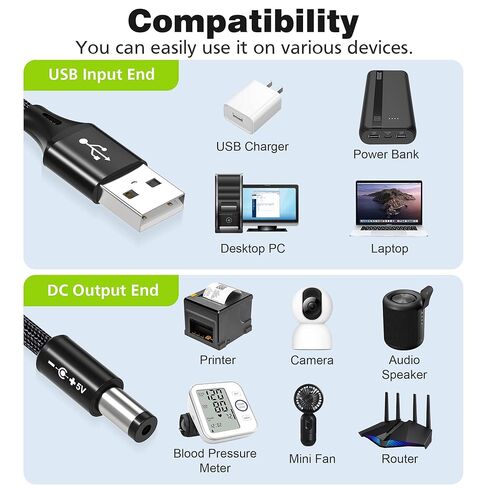 سلك طاقة AGVEE 3.3 قدم USB إلى تيار مستمر 5 فولت 5521 (5.5 × 2.1 مم) | نايلون مضفر وغطاء من الألومنيوم | 6 قطعة نصائح محول تيار مستمر | شحن سريع ومتين لكاميرات CCTV وأجهزة التوجيه وشرائط LED باللون الأسود in Kuwait
