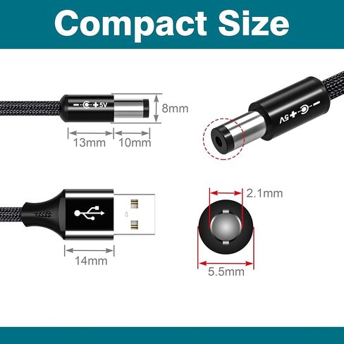 سلك طاقة AGVEE 3.3 قدم USB إلى تيار مستمر 5 فولت 5521 (5.5 × 2.1 مم) | نايلون مضفر وغطاء من الألومنيوم | 6 قطعة نصائح محول تيار مستمر | شحن سريع ومتين لكاميرات CCTV وأجهزة التوجيه وشرائط LED باللون الأسود in Kuwait