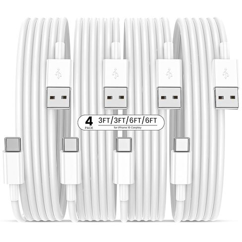 كابل CarPlay للسيارة لهاتف iPhone 15 16 17 سلك شاحن، [4 عبوات، 3FT&6FT] USB A إلى USB C أسلاك شحن سريعة لهاتف iPhone 17 pro/17 pro max/17 air/16 Plus/16 Pro/16 Pro Max/16e، Pixel، Galaxy، Note in Kuwait
