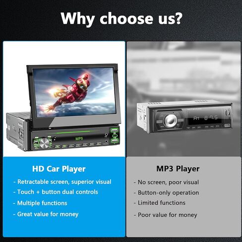 راديو بشاشة لمس DIN واحدة، ستيريو سيارة قابل للطي مع بلوتوث، راديو DIN فردي قابل للطي يدعم MirrorLink، راديو FM، EQ، 1080P، USB، كاميرا احتياطية Aux-in HD وSWC لترقية صوت السيارة in Kuwait