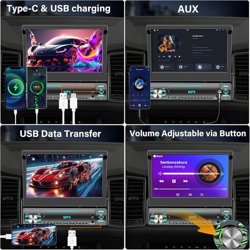 راديو بشاشة لمس DIN واحدة، ستيريو سيارة قابل للطي مع بلوتوث، راديو DIN فردي قابل للطي يدعم MirrorLink، راديو FM، EQ، 1080P، USB، كاميرا احتياطية Aux-in HD وSWC لترقية صوت السيارة in Kuwait