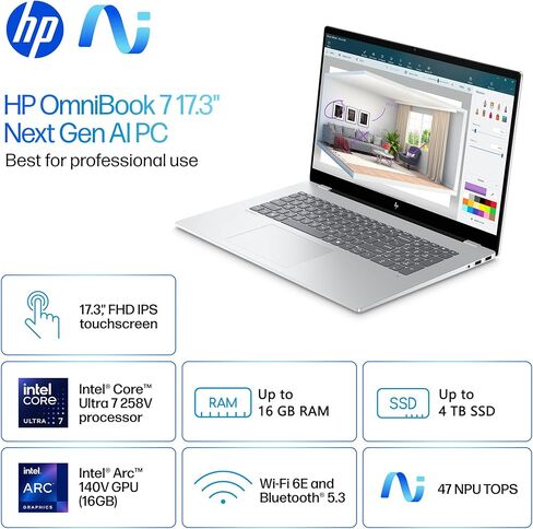 HP OmniBook 7 (Next Gen Envy 17) AI Laptop (17.3" FHD Touchscreen, Intel Core Ultra 7 256V, 16GB DDR5, 1TB SSD, ARC 140V GPU (16GB)), Copilot+ PC for Business, Designer, 5MP IR Webcam, Win 11 Pro in Kuwait