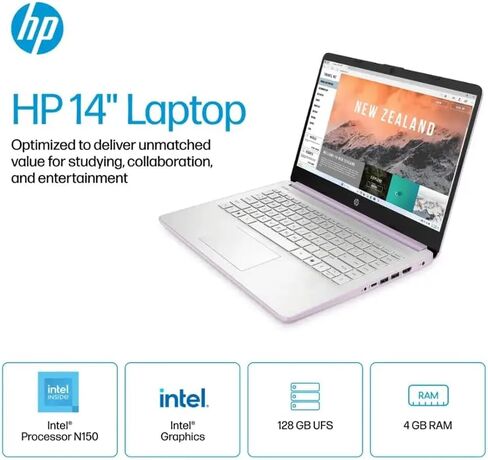 كمبيوتر محمول HP 14 بوصة عالي الدقة وخفيف الوزن، معالج Intel N150، ذاكرة الوصول العشوائي 4 جيجابايت، تخزين 256 جيجابايت (128 جيجابايت UFC + 128 جيجابايت MicroSD)، Office 365، Copilot AI، WiFi 6، BT 5.4، HDMI، Win11 S، Honey Lavender (متجدد) in Kuwait