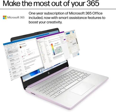 كمبيوتر محمول HP 14 بوصة عالي الدقة وخفيف الوزن، معالج Intel N150، ذاكرة الوصول العشوائي 4 جيجابايت، تخزين 256 جيجابايت (128 جيجابايت UFC + 128 جيجابايت MicroSD)، Office 365، Copilot AI، WiFi 6، BT 5.4، HDMI، Win11 S، Honey Lavender (متجدد) in Kuwait