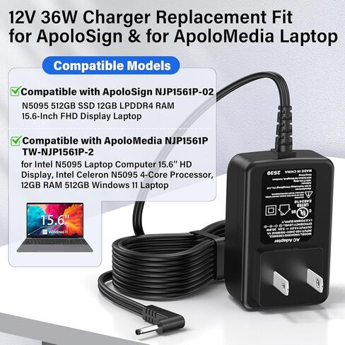 12V 3A Laptop Charger Replacement Compatible with ApoloSign NJP1561P-02 N5095 15.6-Inch FHD Display Notebook Computer, Power Cord AC Adapter for ApoloMedia TW-NJP1561P-2 NJP1561P 15.6'' Laptop PC in Saudi Arabia