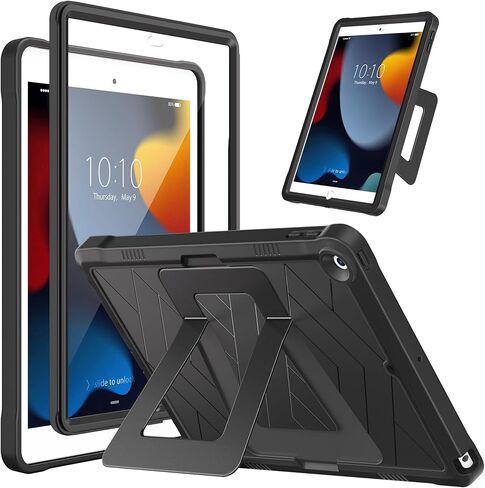حافظة DTTO متينة لجهاز iPad 9th / 8th / 7th Generation 10.2 بوصة 2021/2020/2019، مسند قابل للتعديل، واقي شاشة مدمج، غطاء واقي مقاوم للصدمات لجهاز iPad 10.2، أسود in Kuwait
