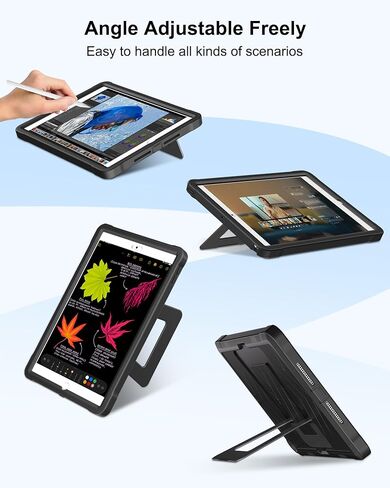 حافظة DTTO متينة لجهاز iPad 9th / 8th / 7th Generation 10.2 بوصة 2021/2020/2019، مسند قابل للتعديل، واقي شاشة مدمج، غطاء واقي مقاوم للصدمات لجهاز iPad 10.2، أسود in Kuwait