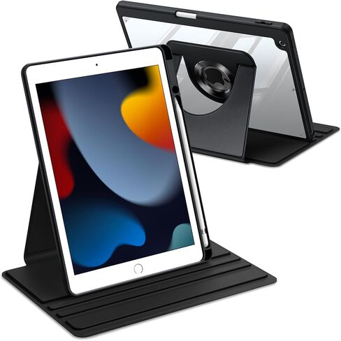 حافظة Fintie دوارة 360 درجة لجهاز iPad الجيل التاسع (2021) / الجيل الثامن (2020) / الجيل السابع (2019) مقاس 10.2 بوصة - غطاء خلفي شفاف بحامل واقٍ دوار مع حامل أقلام رصاص، أسود in Saudi Arabia