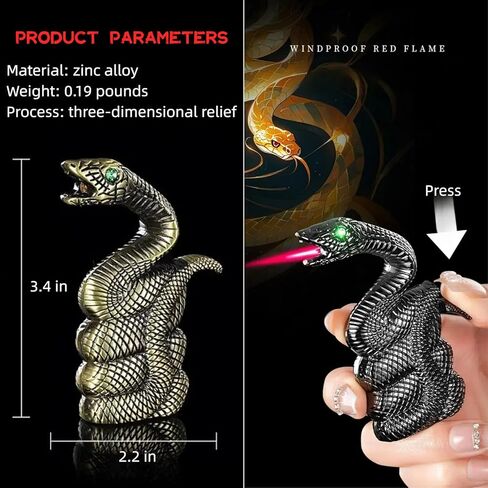 ولاعة شعلة بوتان، ولاعة ثعبان مع لهب نفاث أحمر، ولاعة صغيرة إبداعية مقاومة للرياح، ولاعات قابلة لإعادة الملء وقابلة للتعديل للرجال، DIY، الشموع، والتخييم (الغاز غير متضمن) (أسود) in Kuwait