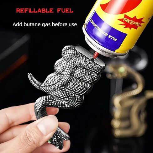 ولاعة شعلة بوتان، ولاعة ثعبان مع لهب نفاث أحمر، ولاعة صغيرة إبداعية مقاومة للرياح، ولاعات قابلة لإعادة الملء وقابلة للتعديل للرجال، DIY، الشموع، والتخييم (الغاز غير متضمن) (أسود) in Kuwait