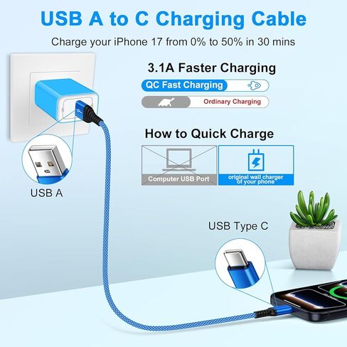 USB to USB C Car Charger Cord 3 Pack 3/6/10FT for Samsung Galaxy S25 Ultra S25 FE Edge A17 A16 A36 A26 A56, 3.1A Long Samsung Charger Fast Charging Cord Android Charger Type A to USBC Carplay Cable in Kuwait