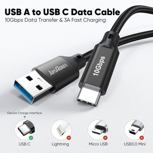 كابل نقل البيانات USB إلى النوع C 3FT، 10 جيجابت في الثانية USB 3.1/3.2 A إلى USB-C Andriod Auto Cord مع شحن سريع 3A لكاميرا Samsung T7 SSD iPhone 17/16/15 Carplay Galaxy S25 MacBook Pro/Air Tablet PS5 in Kuwait