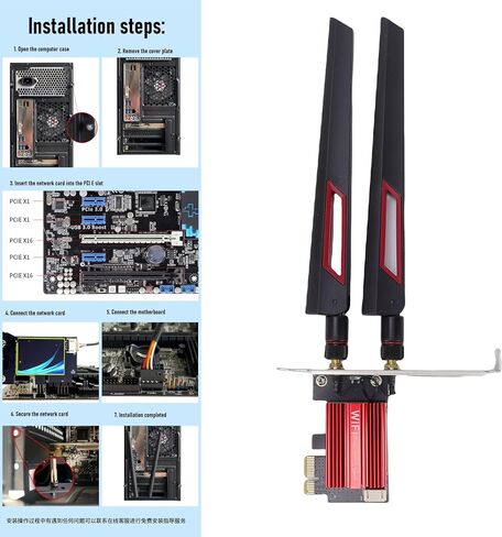 بطاقة PUSOKEI WiFi 7 PCIe، محول لاسلكي لسطح المكتب بسرعة 6400 ميجابت في الثانية بسرعة 6400 ميجابت في الثانية مع بلوتوث 5.4 وهوائي 10dBi للألعاب والواقع الافتراضي وترقية الكمبيوتر الشخصي in Kuwait