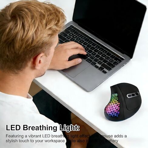 Bluetooth Wireless Dual-Mode Vertical Mouse - Silent Click, Ergonomic Comfort for Office & Home Use, Rechargeable with LED Breathing Light, Compatible with Multiple Devices (Black) in Saudi Arabia
