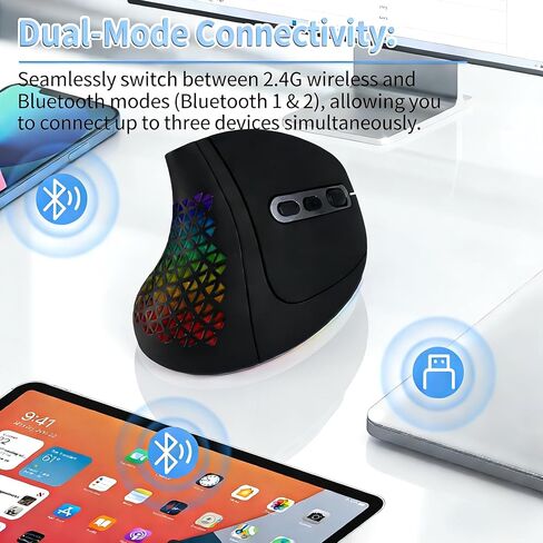 Bluetooth Wireless Dual-Mode Vertical Mouse - Silent Click, Ergonomic Comfort for Office & Home Use, Rechargeable with LED Breathing Light, Compatible with Multiple Devices (Black) in Saudi Arabia