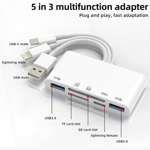 USB C Lightning USB to SD Card Reader for Iphone 17 16 15 14 Pro Max(5in3) Digital Camera TF OTG Charger Adapter Micro SD Memory Stick Hub for Apple Computer Jack compatible with Samsung Port for Ipad in Saudi Arabia