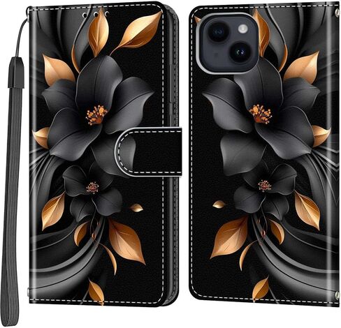 Case Wallet for iPhone 15 Plus, [Kickstand] 3 Card Holder Stand [Shockproof TPU Interior Shell], PU Leather Magnetic Protective Flip Cover 6.7", Black Flower in Saudi Arabia