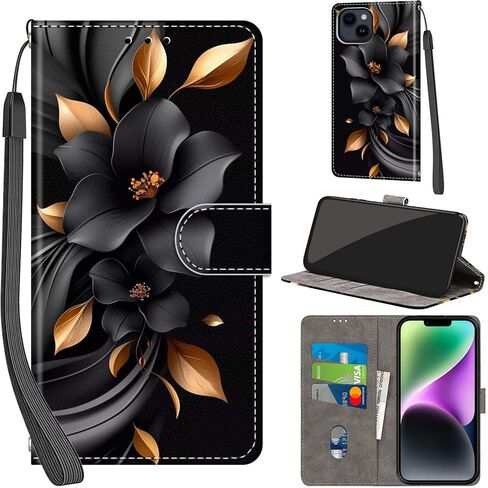 Case Wallet for iPhone 15 Plus, [Kickstand] 3 Card Holder Stand [Shockproof TPU Interior Shell], PU Leather Magnetic Protective Flip Cover 6.7", Black Flower in Saudi Arabia