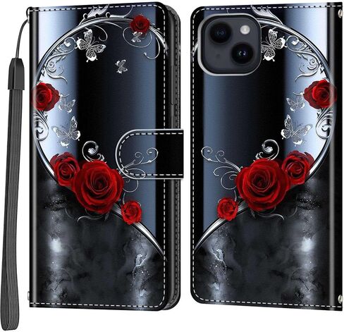 Case Wallet for iPhone 15 Plus, [Kickstand] 3 Card Holder Stand [Shockproof TPU Interior Shell], PU Leather Magnetic Protective Flip Cover 6.7", Black Flower in Saudi Arabia
