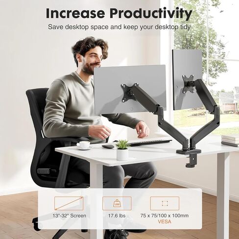 Dual Monitor Stand for 13-32 Inch Screens, Gas Spring Monitor Arm with Adjustable Height, Tilt, Swivel, VESA Mount for Home Office Desk in Saudi Arabia
