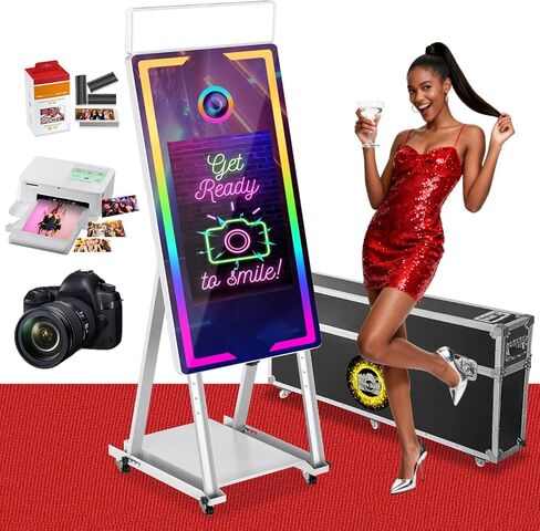 Magic Mirror Photo Booth with Printer and Camera,45" Photo Mirror Booth with 22" Touch Screen Built-in PC,Music Sync Remote RGB Lights,Flight Case,Instant Print and Share for Parties Events in Saudi Arabia
