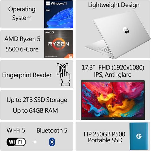 HP 2024 New 17 inch Laptop, AMD Ryzen 5 5500U 6-Cores Processor(Beat i7-1250U), 17" FHD (1080p) IPS Display, 32GB RAM, 1TB SSD, Fingerprint Reader, Windows 11 Pro, w/WOWPC Recovery USB in Kuwait