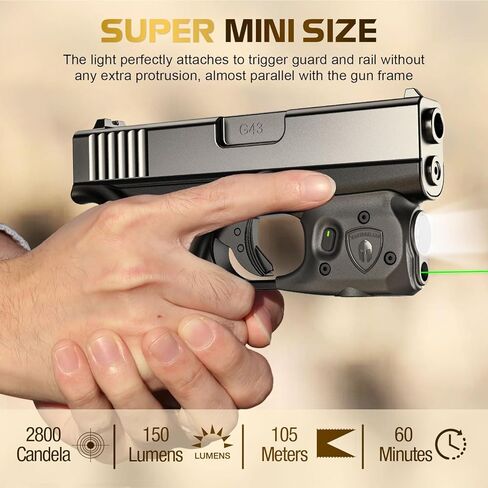 WARRIORLAND مسدس ضوء ليزر وحافظة مناسبة لـ Glock 48 (بدون إصدار السكك الحديدية)، ضوء سلاح تكتيكي صغير الحجم مثبت على الزناد 150 لومن مع LED أخضر ليزر أبيض وحافظة IWB، مؤشر الطاقة in Kuwait