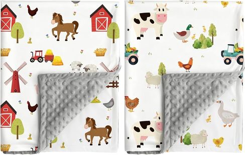 2 حزمة من بطانيات الأطفال لحيوانات المزرعة للجنسين، بطانية ناعمة مزدوجة الطبقات من مينكي مع دعم منقط للأطفال حديثي الولادة في المزرعة مطبوع عليها رسوم متحركة مقاس 30 × 40 بوصة (حيوانات المزرعة) in Kuwait