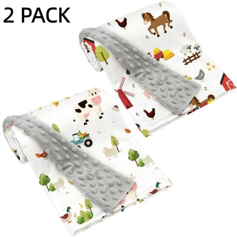 2 حزمة من بطانيات الأطفال لحيوانات المزرعة للجنسين، بطانية ناعمة مزدوجة الطبقات من مينكي مع دعم منقط للأطفال حديثي الولادة في المزرعة مطبوع عليها رسوم متحركة مقاس 30 × 40 بوصة (حيوانات المزرعة) in Kuwait