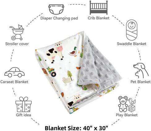 2 حزمة من بطانيات الأطفال لحيوانات المزرعة للجنسين، بطانية ناعمة مزدوجة الطبقات من مينكي مع دعم منقط للأطفال حديثي الولادة في المزرعة مطبوع عليها رسوم متحركة مقاس 30 × 40 بوصة (حيوانات المزرعة) in Kuwait