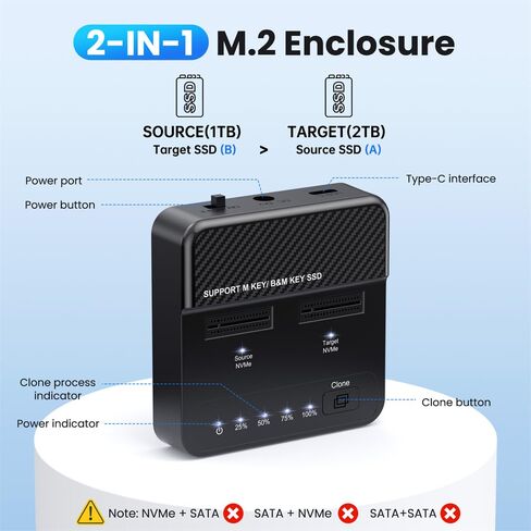 NFHK Dual-Bay Cloner 20Gbps NVME M.2 NGFF M-Key to USB-C One-Click Offline Clone Backup Enclosure Hyper Vertical Duplicator in Saudi Arabia