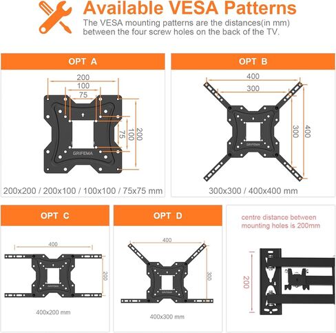 GRIFEMA GB1004 TV Wall Bracket for Most 26 to 55 Inches Flat & Curved TV Screens, Swivels Tilts Extends TV Wall Mount with VESA 75x75MM to 400X400MM Weight Capatity 30KG in Saudi Arabia