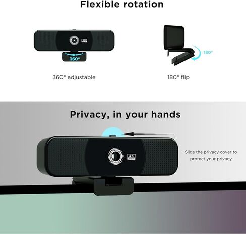 كاميرا ويب بدقة 4K مع ميكروفون ومكبر صوت، وكاميرا ويب للكمبيوتر الشخصي مع غطاء، و4 ميكروفونات مصفوفة، وسماعتين، وتصحيح تلقائي للضوء المنخفض، وكاميرا USB للمؤتمرات/الفصل عبر الإنترنت in Kuwait