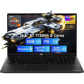 كمبيوتر محمول NIMO مقاس 15.6 بوصة IPS FHD للألعاب، AMD 8 Cores Ryzen 7 7735HS 32GB DDR5 RAM 1TB SSD، رسومات Radeon 680M، لوحة مفاتيح بإضاءة خلفية 100W Type-C، فتح بصمة الإصبع، Wi-Fi 5، Bluetooth 5.2 in Kuwait