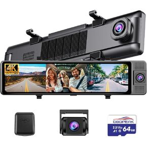 12" Rear View Mirror Camera, 3 Channel 4K Mirror Dash Cam Front, Inside and Rea1080P Camera, Smart Full Touch Screen Backup Camera for car, Dash Cam with WDR Camera,Night Vision,Free 64GB Card & GPS in Kuwait