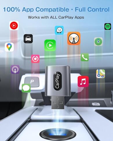 محول CarPlay اللاسلكي لهواتف iPhone، اتصال تلقائي أسرع 3X، بدون تأخير، التوصيل والتشغيل مع Bluetooth 4 وWiFi 6، دونجل صغير، يتضمن كابل تمديد USB وUSB-C، وتحويل لاسلكي مستقر in Kuwait