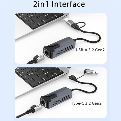 محول Vikye 5 جيجابت في الثانية USB C إلى RJ45 LAN، محول شبكة USB من سبائك الألومنيوم 5000 ميجا بت في الثانية USB A من النوع C RJ45 إلى محول إيثرنت جيجابت من النوع C in Kuwait