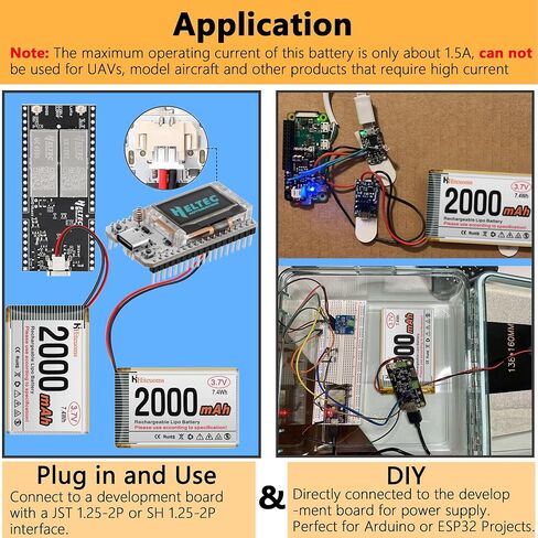 بطارية ليبو 3.7 فولت 2000 مللي أمبير قابلة لإعادة الشحن 1S 1C لمشروع إنترنت الأشياء IoT NodeMCU ESP32 مع لوحة حماية التوصيل JST 1.25 وشريط مطاطي معزول 4 قطع in Kuwait