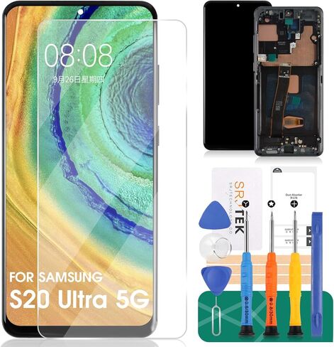 استبدال شاشة OLED لهاتف Samsung S20 Ultra 5g لهاتف Samsung Galaxy S20 Ultra 5g SM-G988U إصلاح محول الأرقام LCD لإطار تجميع شاشة اللمس البديلة SM-G988U (مع بصمة الإصبع) (أسود) in Saudi Arabia