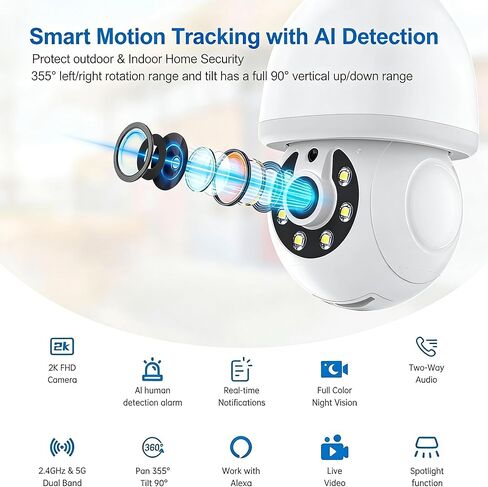 2K Light Bulb Security Cameras Outdoor Indoor - 360° View Light Bulb Camera Wireless for Home Security with Color Night Vision, Motion Detection, 2-Way Audio, Siren, SD/Cloud Storage, Easier to use in Saudi Arabia
