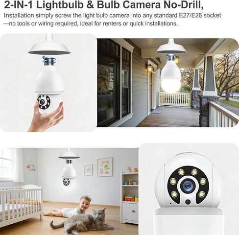 2K Light Bulb Security Cameras Outdoor Indoor - 360° View Light Bulb Camera Wireless for Home Security with Color Night Vision, Motion Detection, 2-Way Audio, Siren, SD/Cloud Storage, Easier to use in Saudi Arabia