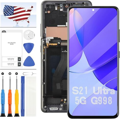 استبدال شاشة TFT لهاتف Samsung Galaxy S21 Ultra 5G لهاتف Samsung G998 Display S21 Ultra 5G LCD مجموعة محول رقمي لشاشة تعمل باللمس لمجموعة G998 SM-G998B SM-G998U LCD مع أدوات (أسود) in Kuwait