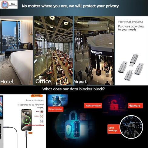 محول USB C لحظر البيانات، متوافق مع الشحن السريع، حماية نقل البيانات (4، أرجواني) in Kuwait