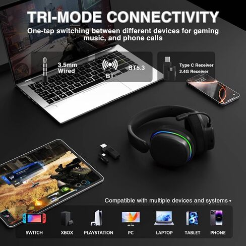 سماعة ألعاب لاسلكية AULA G7 Pro مع صوت محيطي 7.1، محرك 40 مم، سماعات ألعاب BT5.3 مع ميكروفون، RGB، زمن استجابة 10 مللي ثانية، بطارية 65 ساعة، سماعة ألعاب الكمبيوتر لأجهزة PS5، PS4، Switch، Xbox، PC، Phone، Mac in Saudi Arabia
