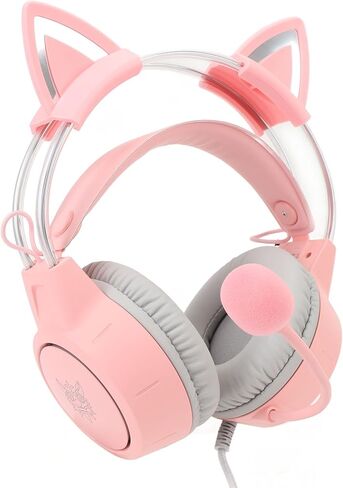 سماعة رأس Eujgoov Cat Ear للألعاب بإضاءة RGB بألوان قوس قزح، وأذنين قطط قابلة للفصل، وصوت محيطي 7.1 ميكروفون، وUSB و3.5 مم توافق متعدد المنصات مع إضاءة LED لوحدة تحكم ألعاب الكمبيوتر المحمول in Saudi Arabia
