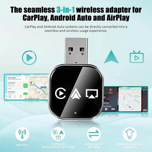 محول السيارة اللاسلكي Ciieeo: محول تلقائي لاسلكي 3 في 1 للتشغيل التلقائي - 5. محول USB A إلى C - توصيل وتشغيل موصل الهاتف لاستخدام السيارة in Kuwait