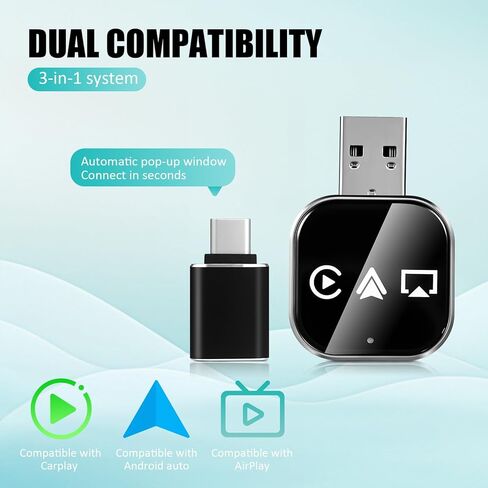 محول السيارة اللاسلكي Ciieeo: محول تلقائي لاسلكي 3 في 1 للتشغيل التلقائي - 5. محول USB A إلى C - توصيل وتشغيل موصل الهاتف لاستخدام السيارة in Kuwait