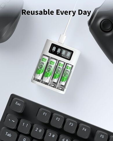 مجموعة بطاريات EBL 8-Pack AA AAA مع شاحن بطاريات ذكي 4 Bay LCD، تتضمن 4 بطاريات مزدوجة قابلة لإعادة الشحن 2800 مللي أمبير و4 بطاريات ثلاثية قابلة لإعادة الشحن 1100 مللي أمبير، 1.2 فولت in Saudi Arabia
