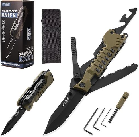 سكين جيب متعدد، 22 في 1، أدوات Survival Gear EDC مع غمد من النايلون، الطوارئ، التخييم، المشي لمسافات طويلة، الصيد، هدية للرجال والنساء (رمادي صحراوي) in Kuwait