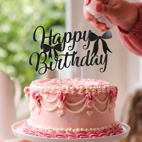 CIEHER Pink Bow Birthday Decorations - Glitter Happy Birthday Cake Topper for Women Girls in Saudi Arabia